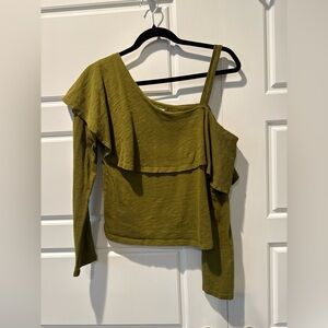 Anthropologie Postmark Olive Green One Shoulder Ruffle Asymmetrical Top Medium